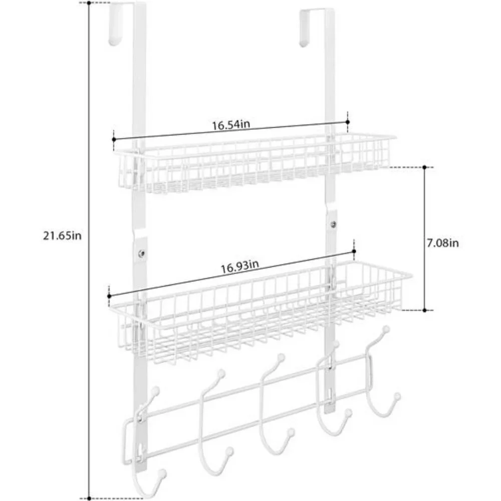Over The Door Hanging Organizer Rack with Baskets Hooks Metal Storage White